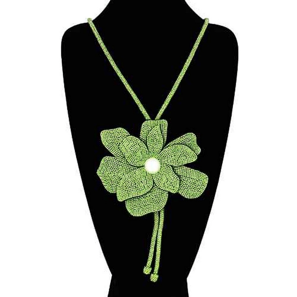 Lime Green Bling Studded Bolo Tie Pearl Flower Pendant Bold Statement Necklace